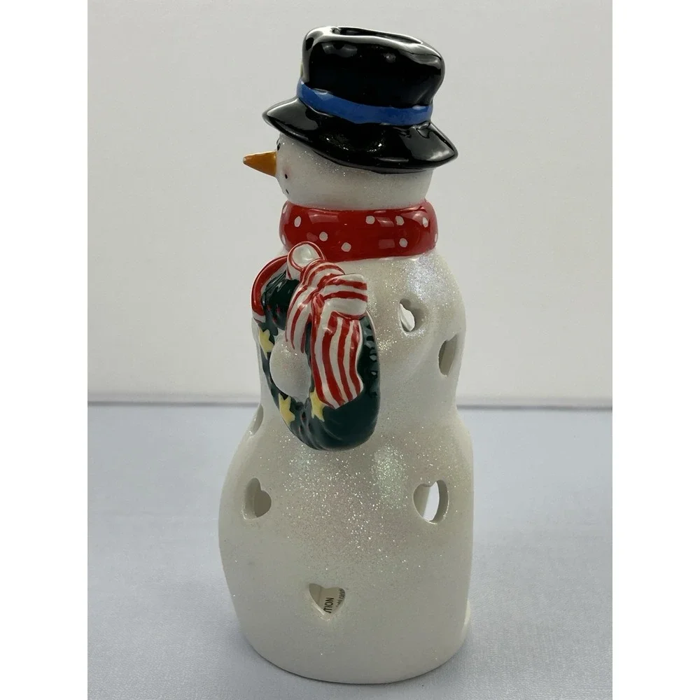 Ceramic Snowman Tealight Candle Holder Christmas Wreath Glitter Luminary 7